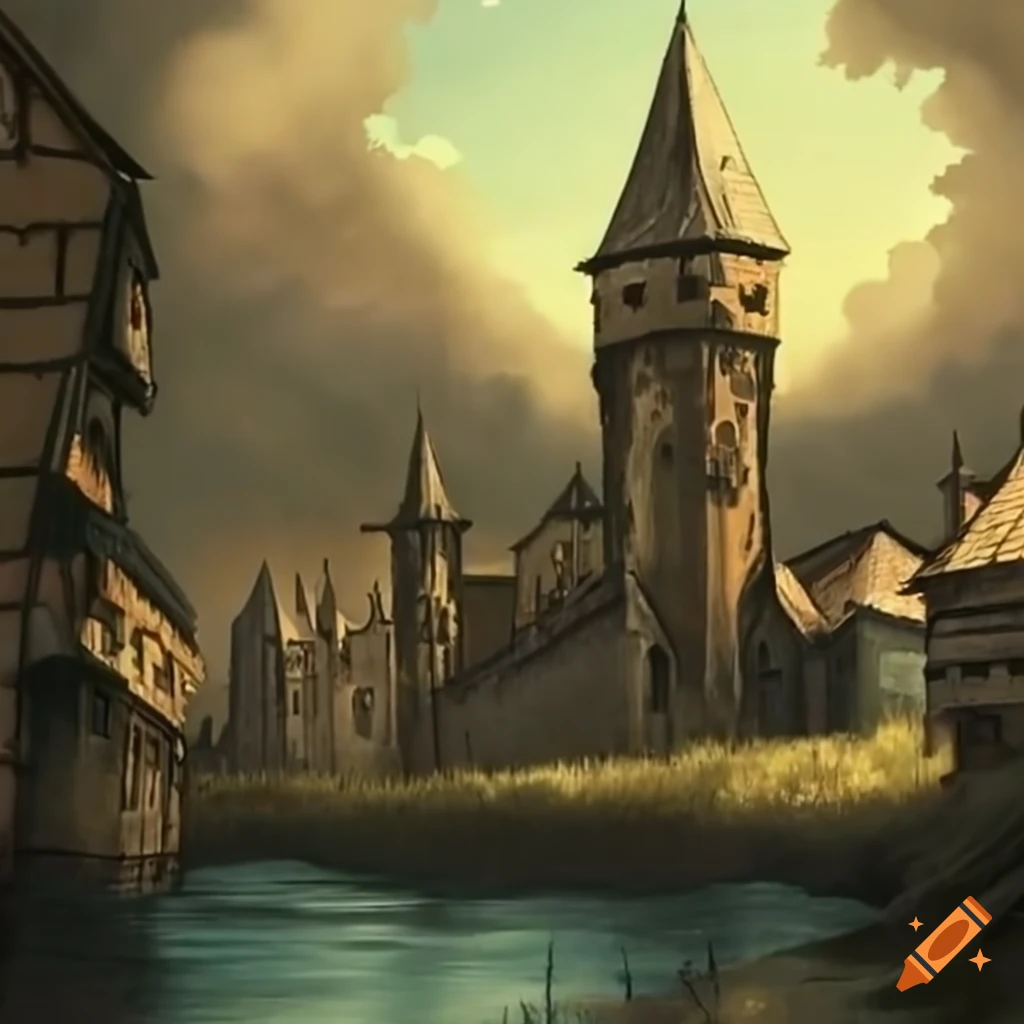 A medieval city next to a lake on Craiyon