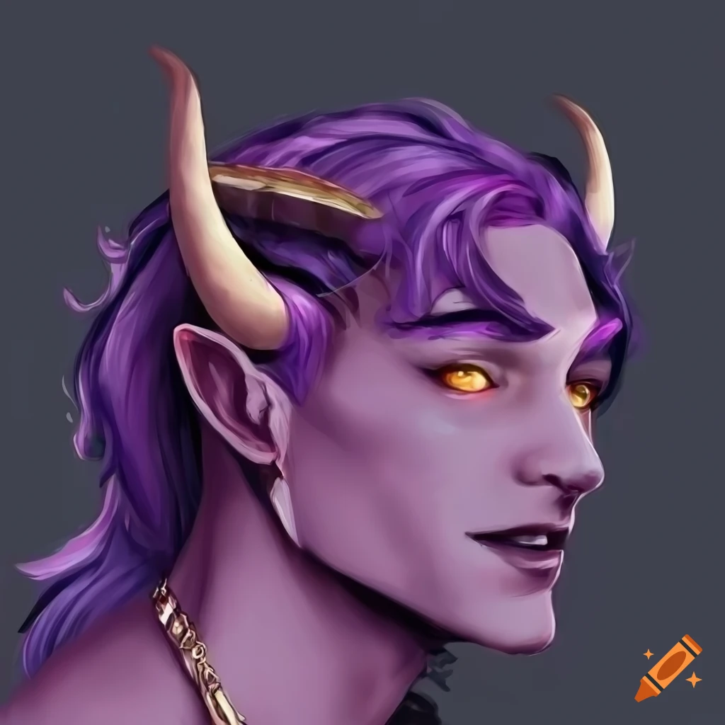 Digital artwork of a charismatic male tiefling with purple hair on Craiyon