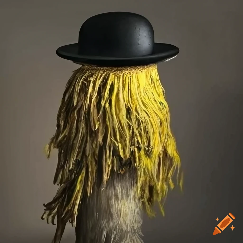 A 3 foot tall mop head like creature, wearing a black bowler hat, with  thick, long, straight, yellow straw hair starting on the top of his head  and reaching to the floor