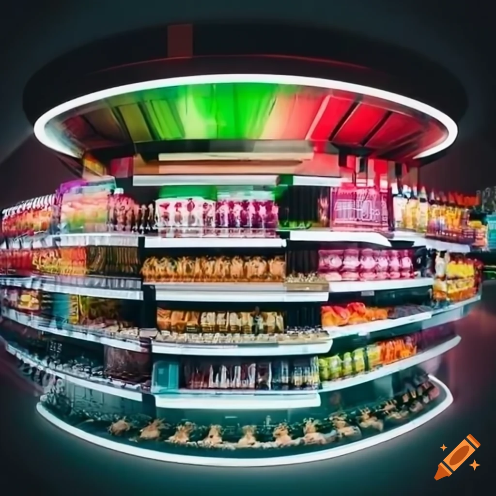 Modern futuristic supermarket display with a wide range of products