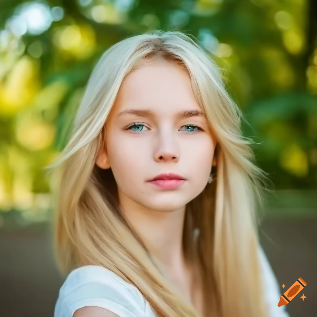 Girl with pale blonde hair and natural beauty with big eyes sitting in the  park on Craiyon