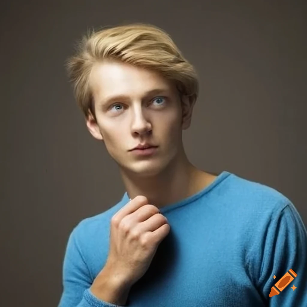 German man with blond hair wearing blue pullover