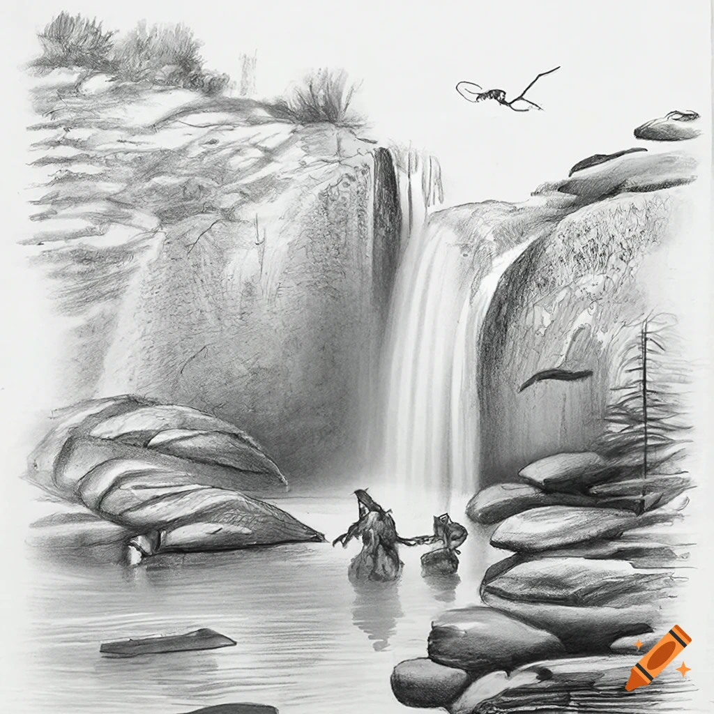 Step by step sketching guide for drawing a waterfall on Craiyon