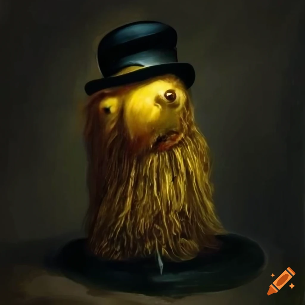 A 3 foot tall mop head like creature, wearing a black bowler hat, with thick,  long, straight, yellow straw hair starting on the top of his head and  reaching to the floor