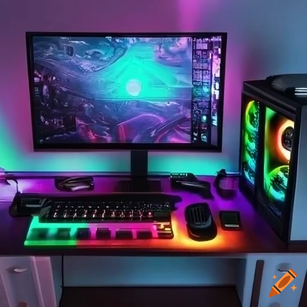 Gaming setup with multiple monitors and led lights on Craiyon