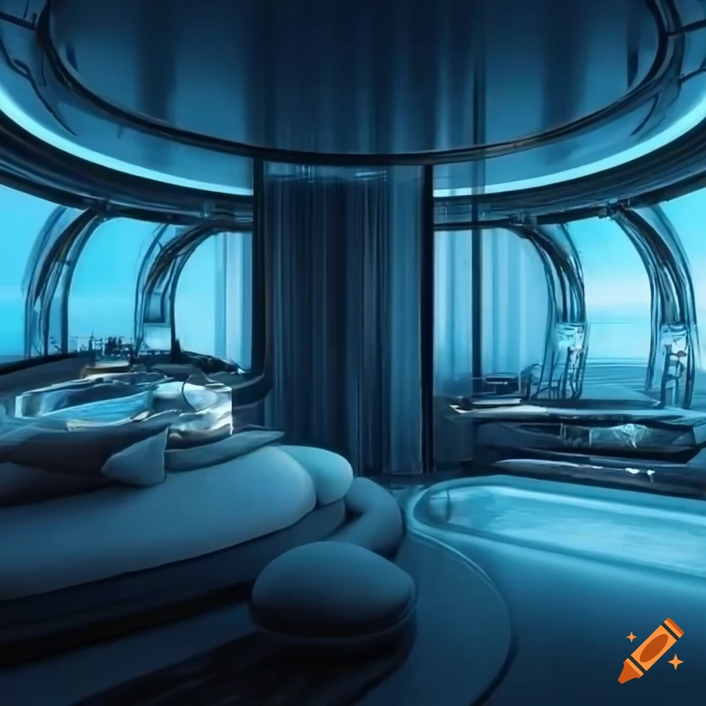 Futuristic hotel room, high end details, natural, sharp, 4k, wide on