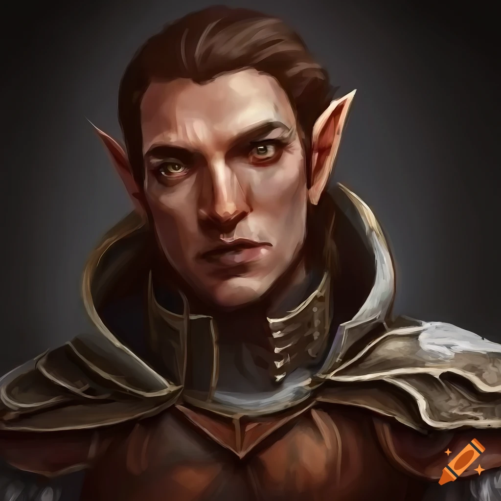 A portrait of a fantasy calm male half-elf warrior with a glaive in ...