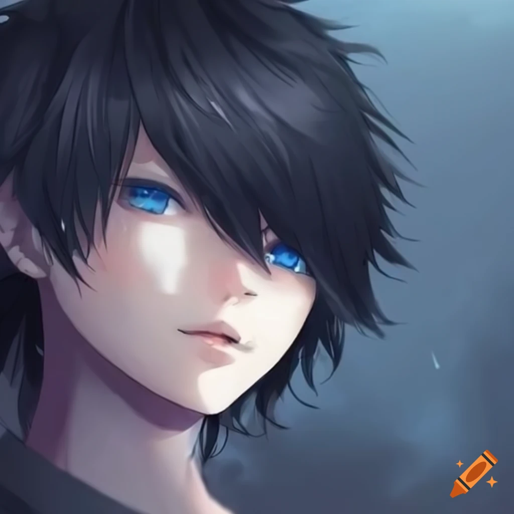 A anime boy with black hair and beautiful blue eyes