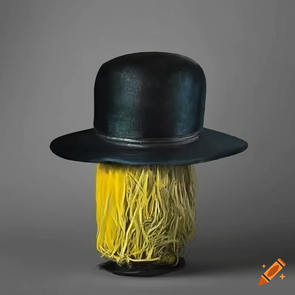 A 3 foot tall mop head like creature, wearing a black bowler hat, with thick,  long, straight, yellow straw colored hair starting on the top of his head  and reaching to the