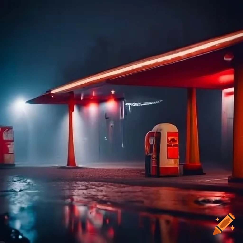 Vintage gas station in the rain and fog at night. it schould give a  melancholical feeling on Craiyon