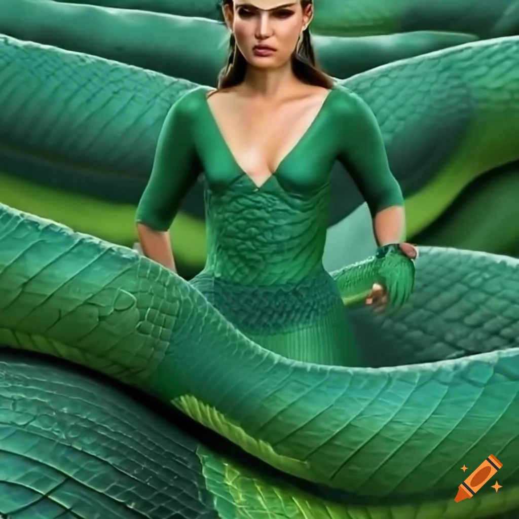 Natalie Portman as a green Naga. HD, realistic, photorealistic, snake tail,  reptile scales, snake lower body, human upper body, wide angle on Craiyon