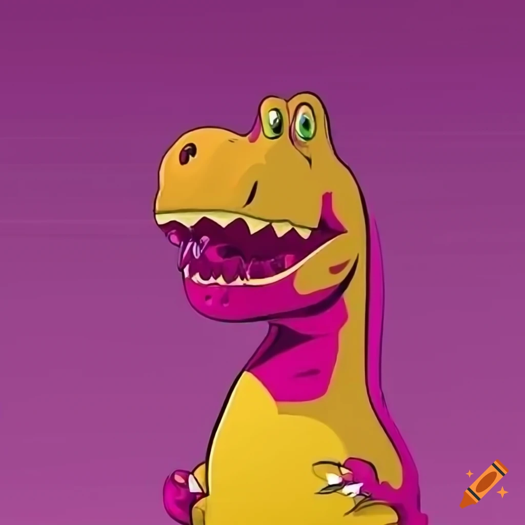 Cute yellow, magenta colored t-rex, very simple cartoon style