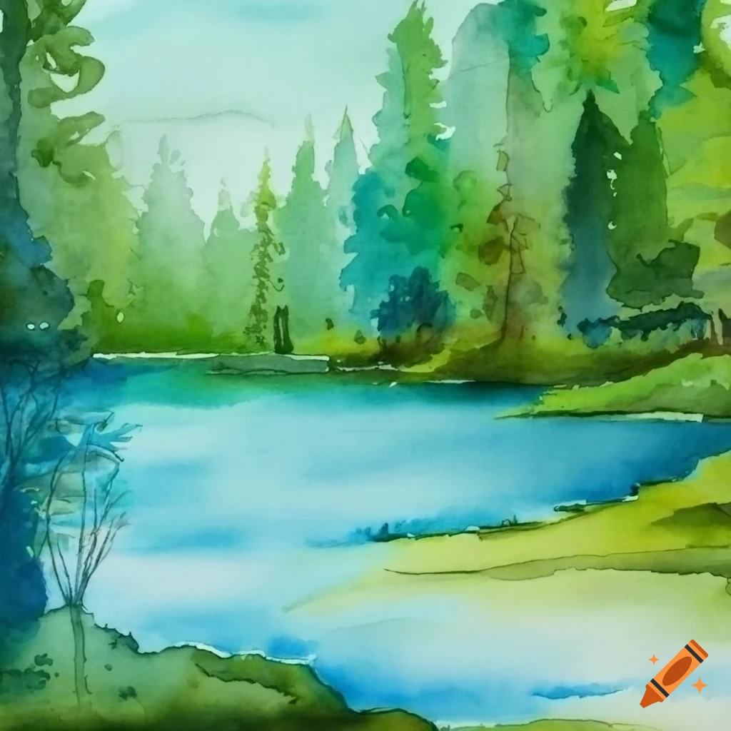 Watercolor painting of lake and a forest