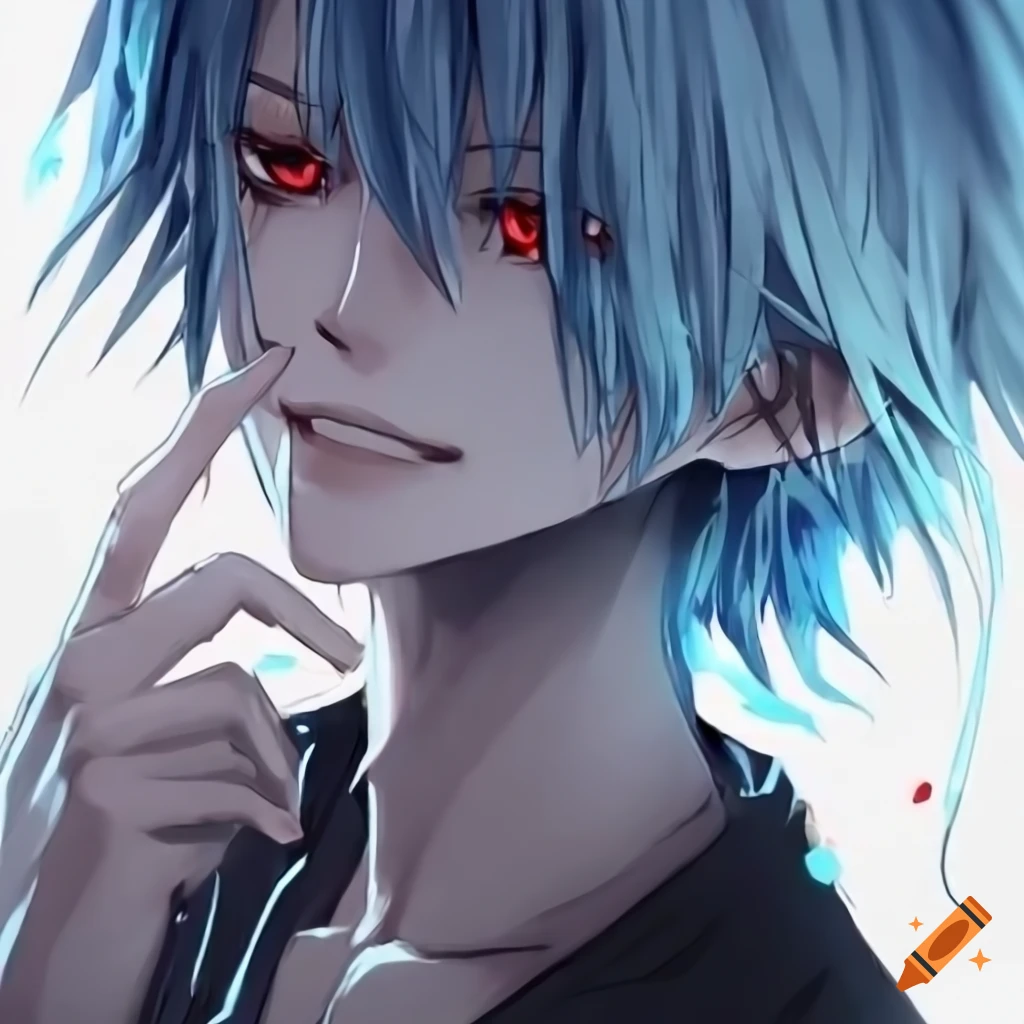 Anime boy character with light blue hair and red eyes smiling
