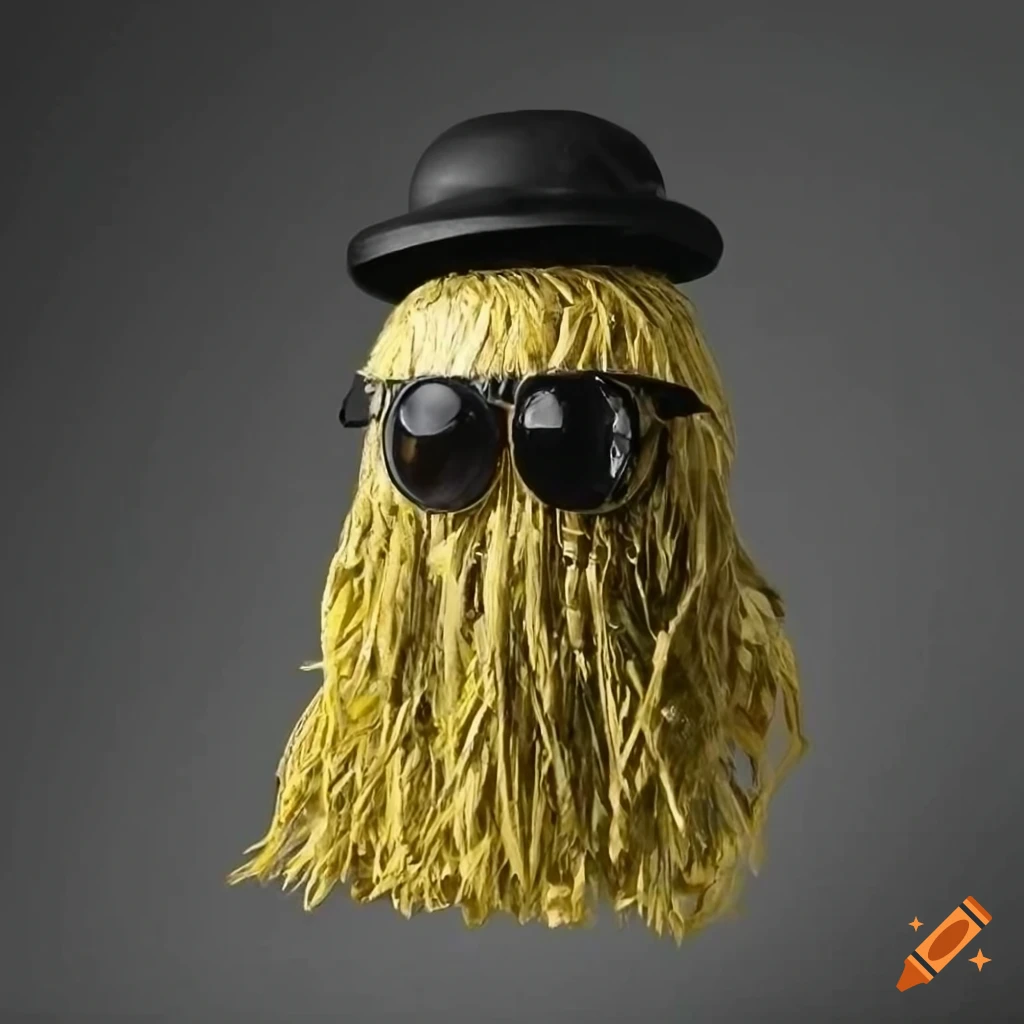A 3 foot tall mop head like creature, wearing a black bowler hat, with  thick, long, straight, yellow straw hair starting on the top of his head  and reaching to the floor