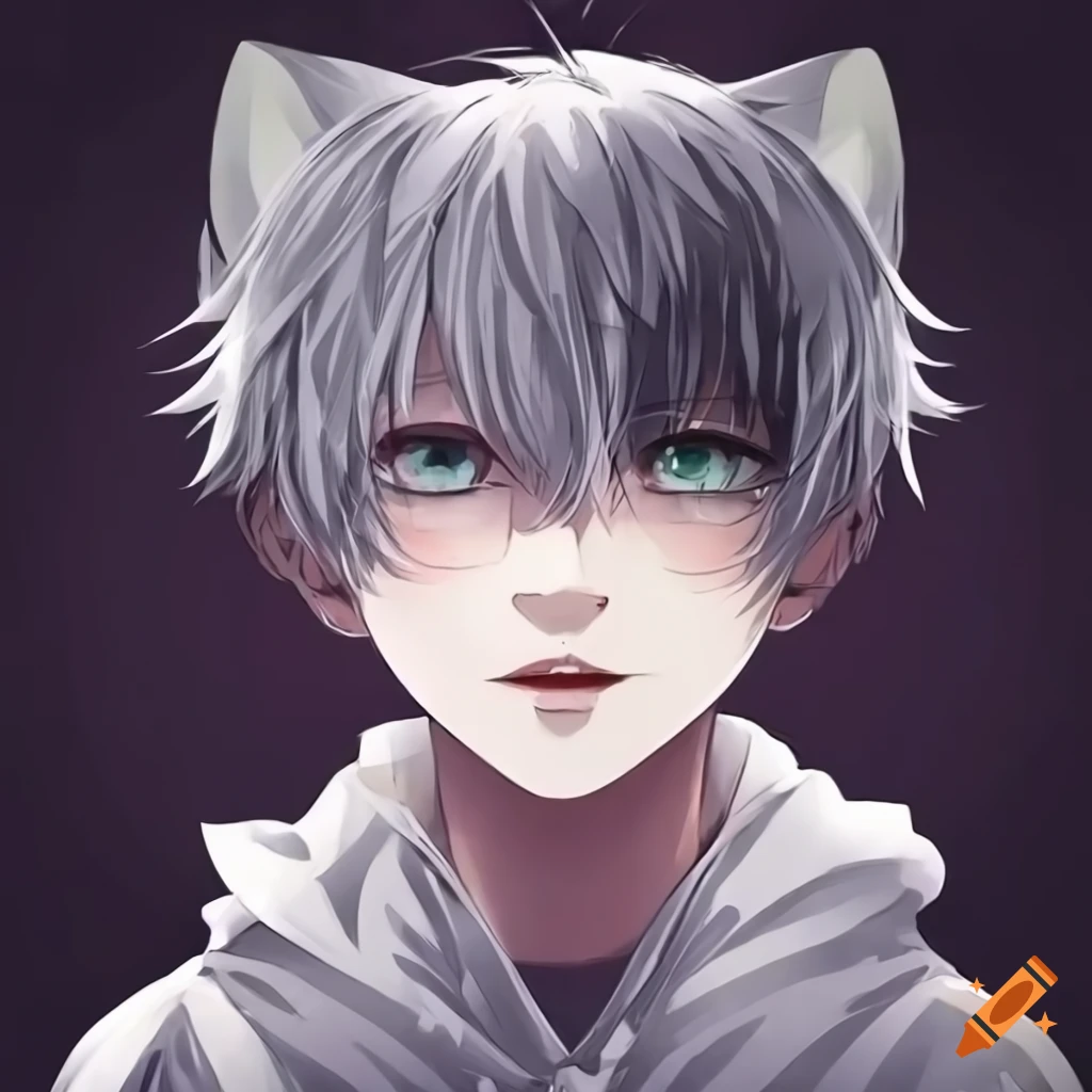 Anime cat boy with white messy hair white cat ears with black jacket on ...