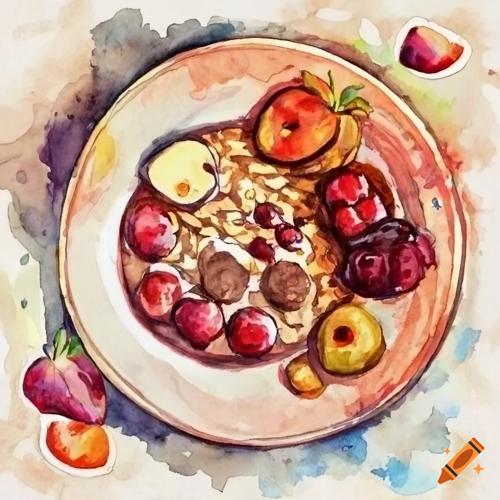Painted in watercolor. draw breakfasts with milk, fruit and cereals and jam