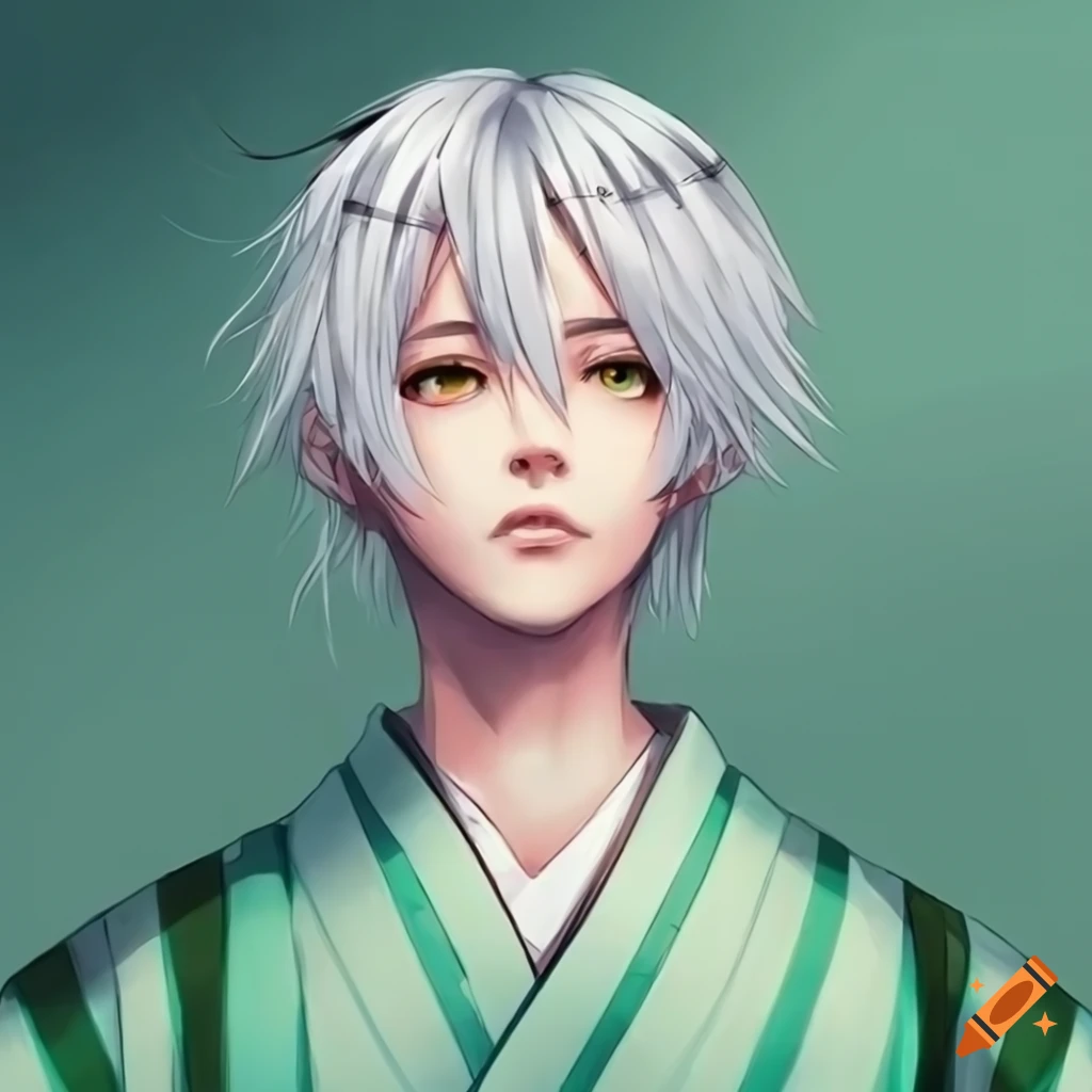 Attractive anime boy with mid length white hair with dull green