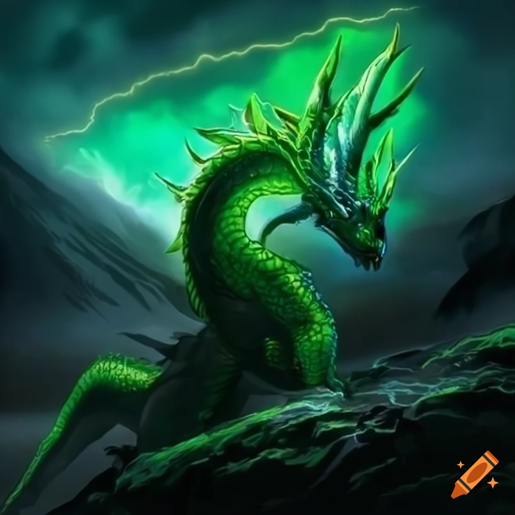 Green lightning dragon on a stormy mountain on Craiyon