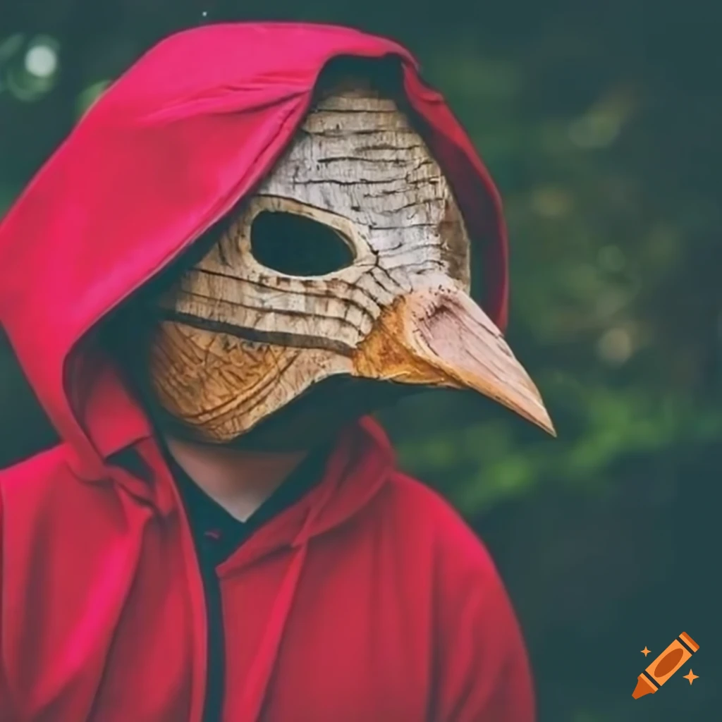Person wearing a wood bird mask with red hooded pullover