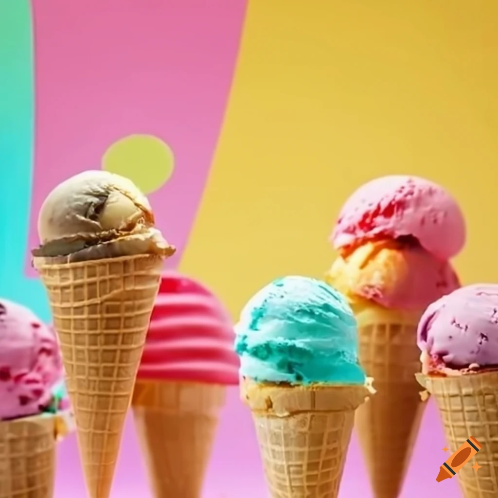 A variety of colorful ice creams in cones on Craiyon