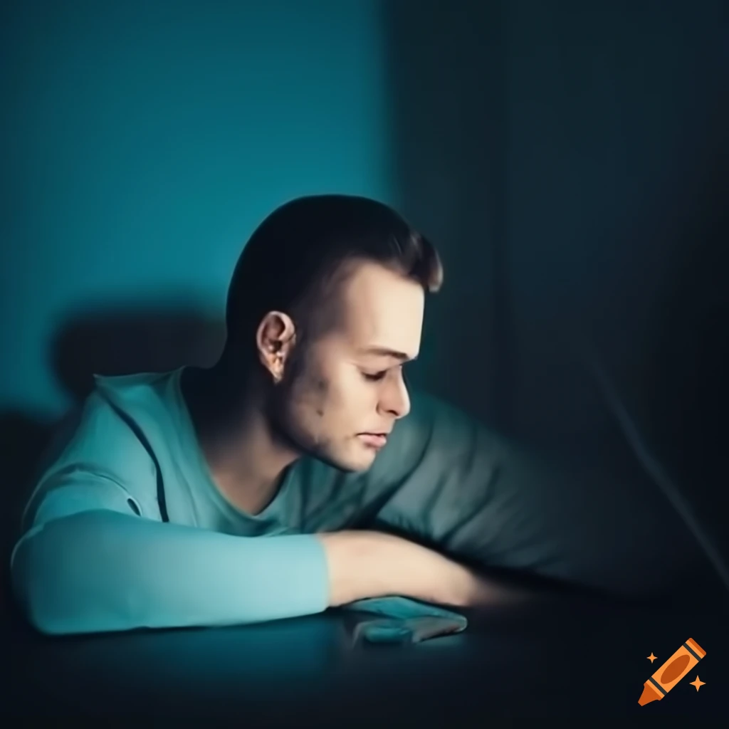 Man with tired eyes looking at computer screen in the dark on Craiyon