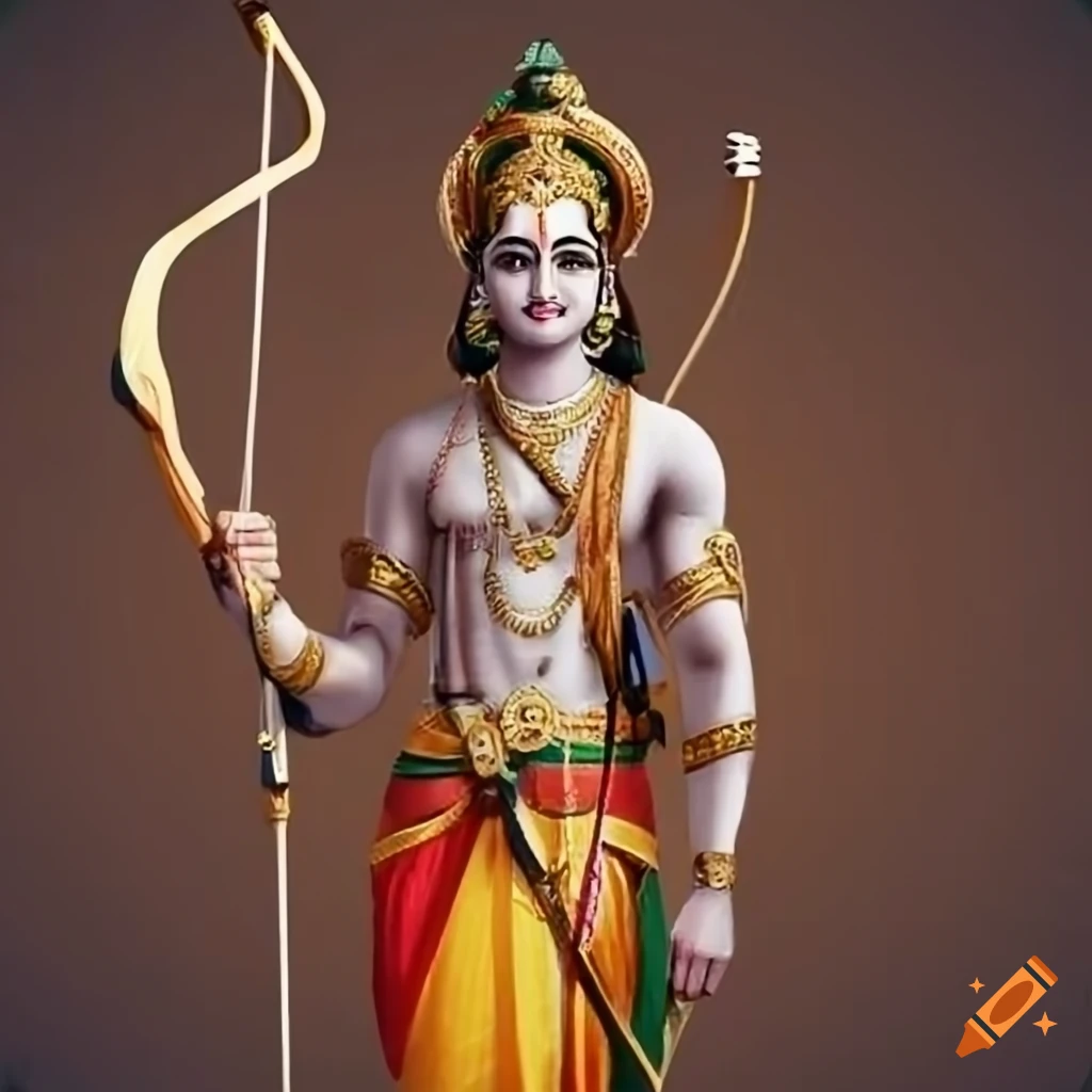 An image of rama standing tall with a bow and arrow, showcasing his