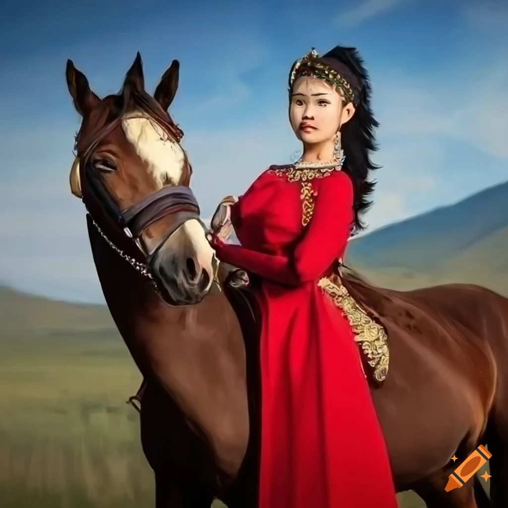 Young beautiful kazakh princess in red dress sitting on a horse highly detailed lots of mountains in the background highly detailed on Craiyon