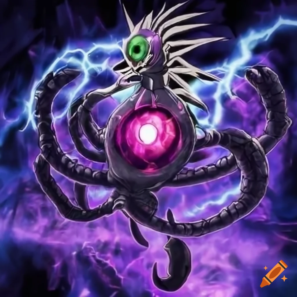 Myutant monster with purple lightning and big orb from Yu-Gi-Oh trading card  game, modern style on Craiyon