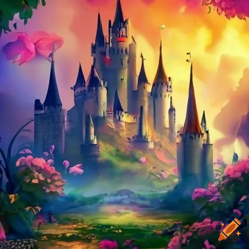 Fantasy world, castle, floral, flowers, roses, vines, water, hanging