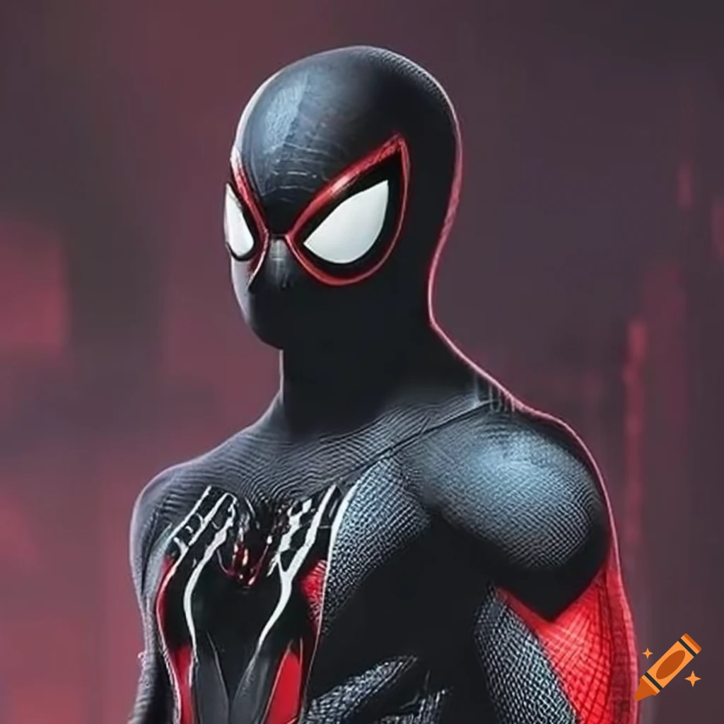 Spider man en costume noir et rouge se balance a cout de lance