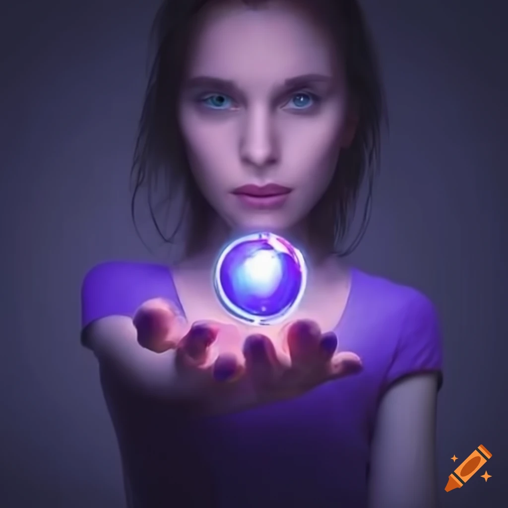 Young woman holding a glowing purple orb on Craiyon