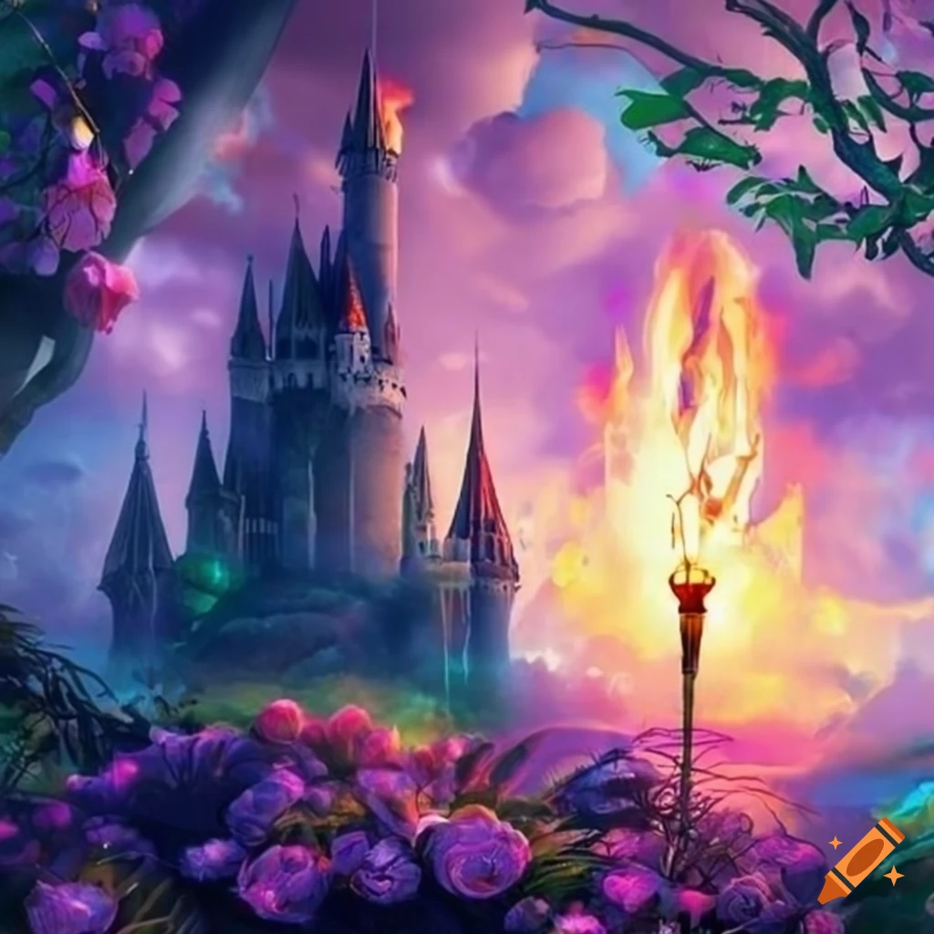 Fantasy world, castle, floral, flowers, roses, vines, water, hanging