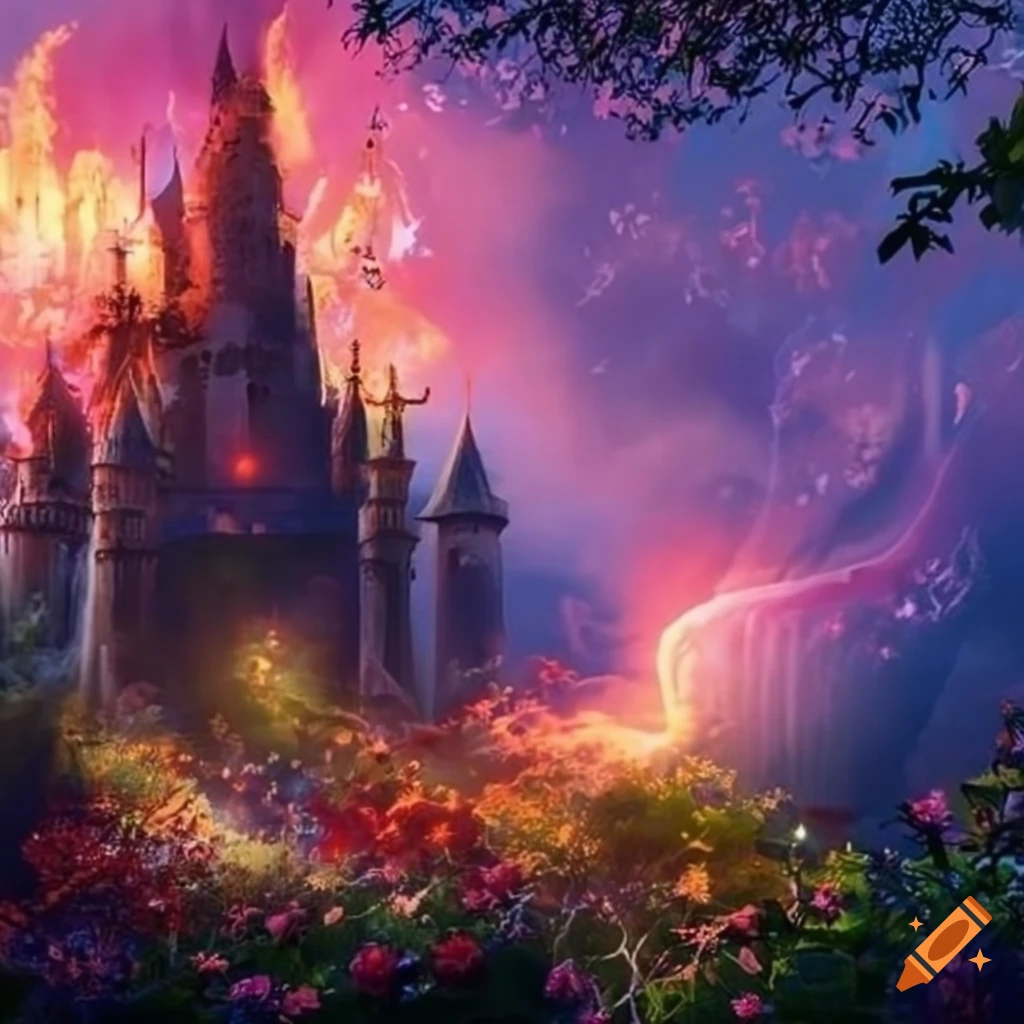 Fantasy world, castle, floral, flowers, roses, vines, waterfall