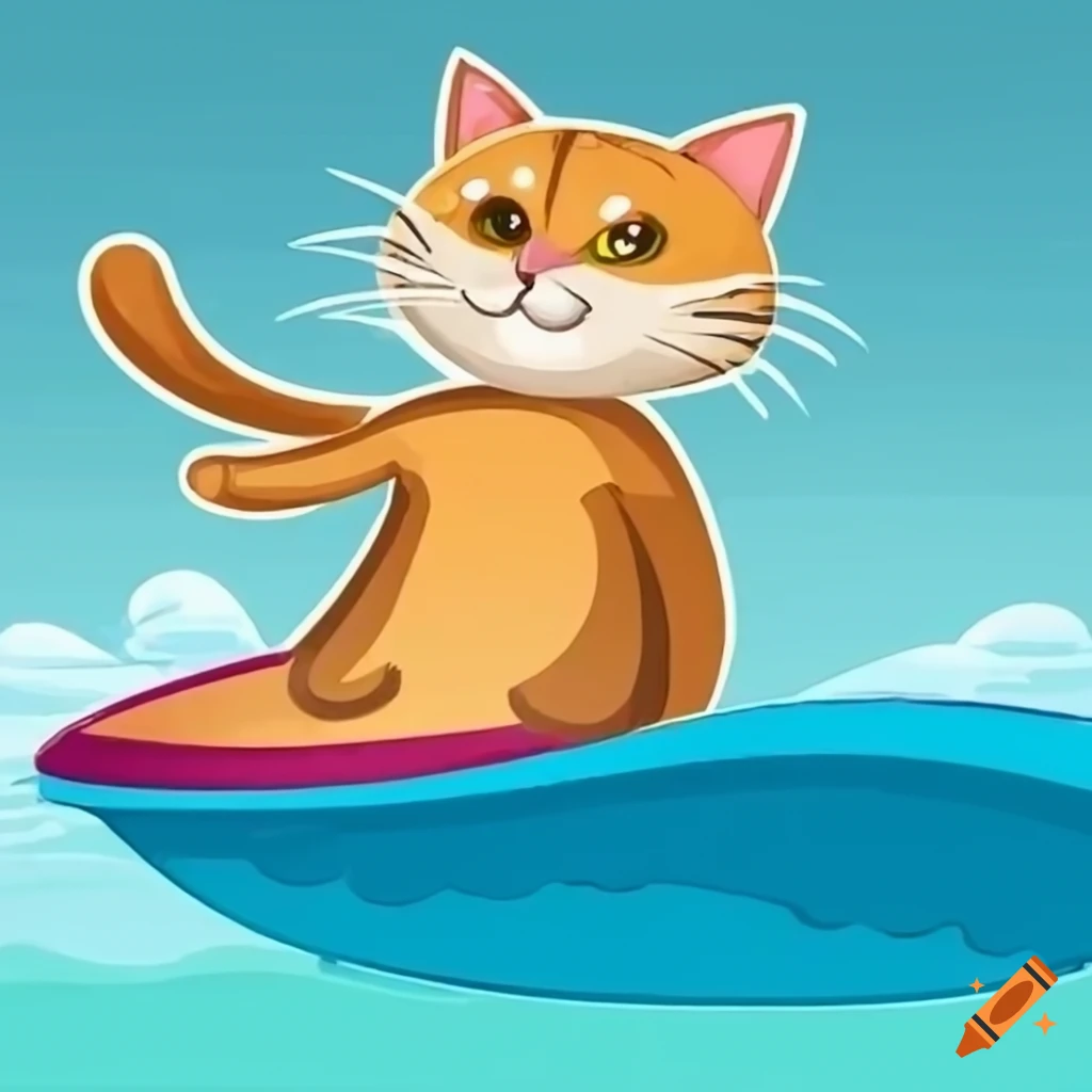 Cat surfing a board cartoon on Craiyon