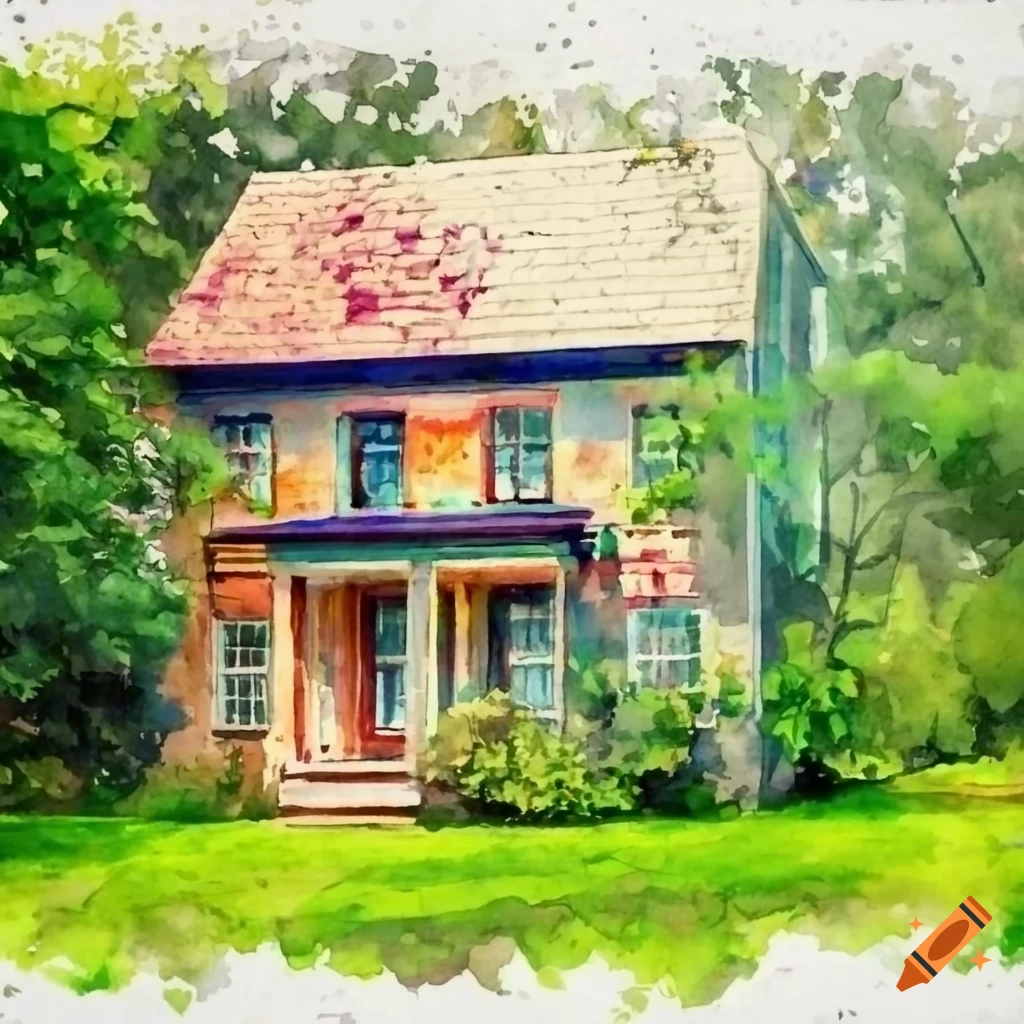 Painted in watercolor with an old house with a porch in front of the ...