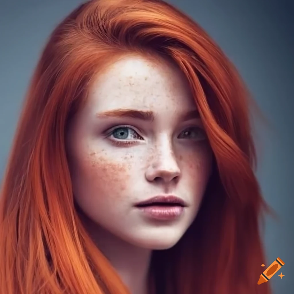 Beautiful young woman shoulder-length red hair slight freckles