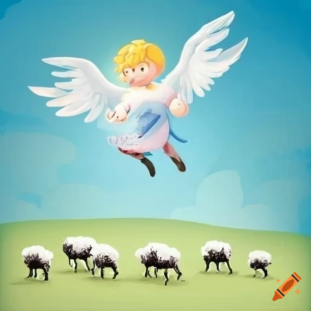 Illustration of an angel flying over a sheep flock and a shepherd man ...