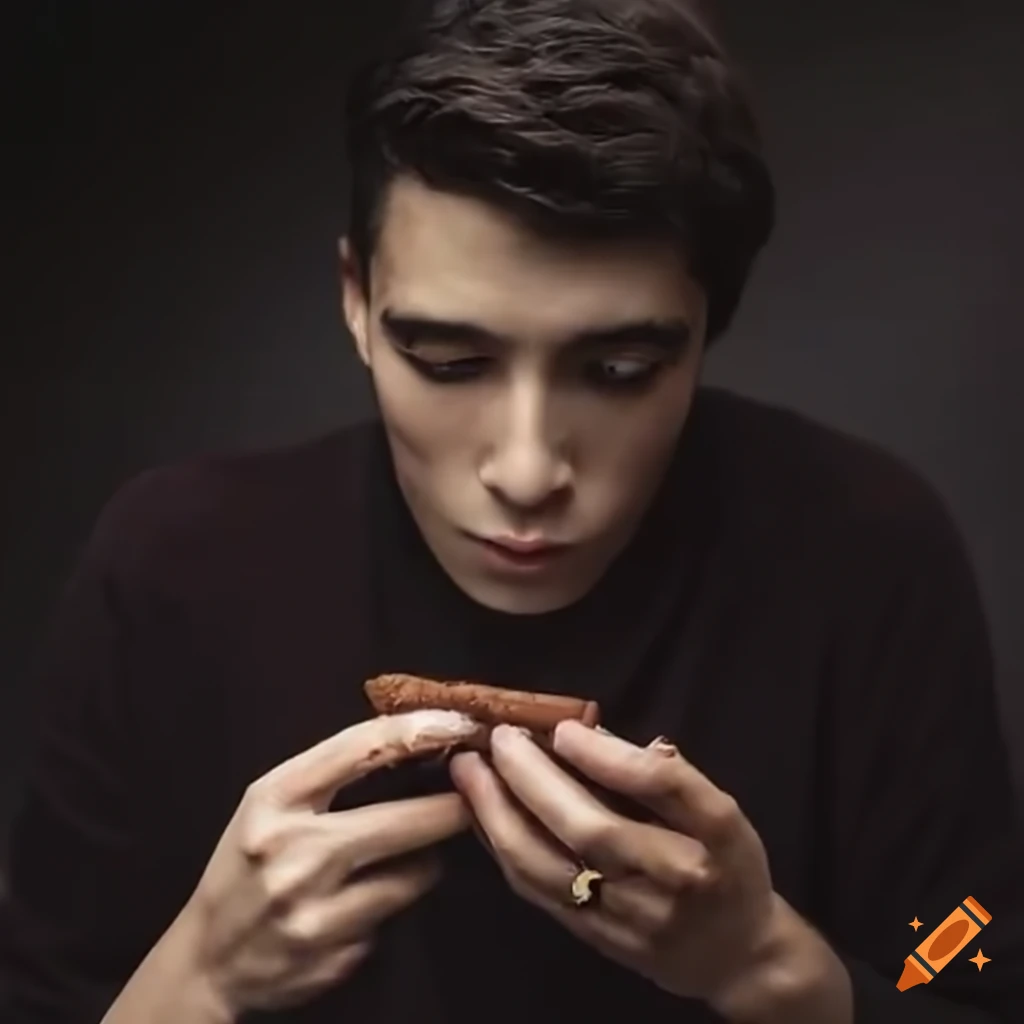 Young man with wavy, dark, short hair eating brownie, anime