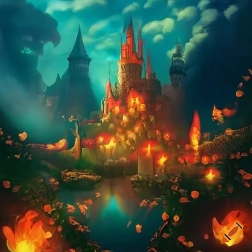 Fantasy world, castle, floral, flowers, roses, vines, water, hanging