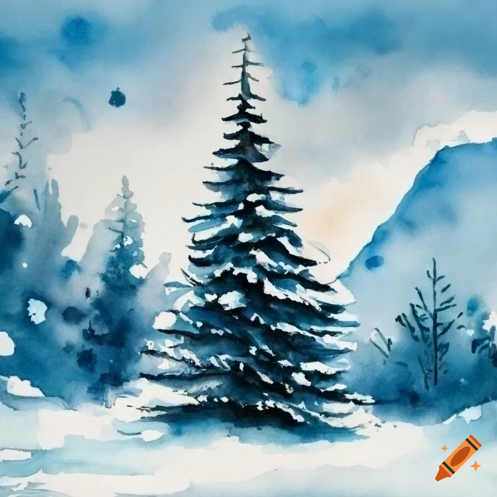 Watercolour fir tree in the snow