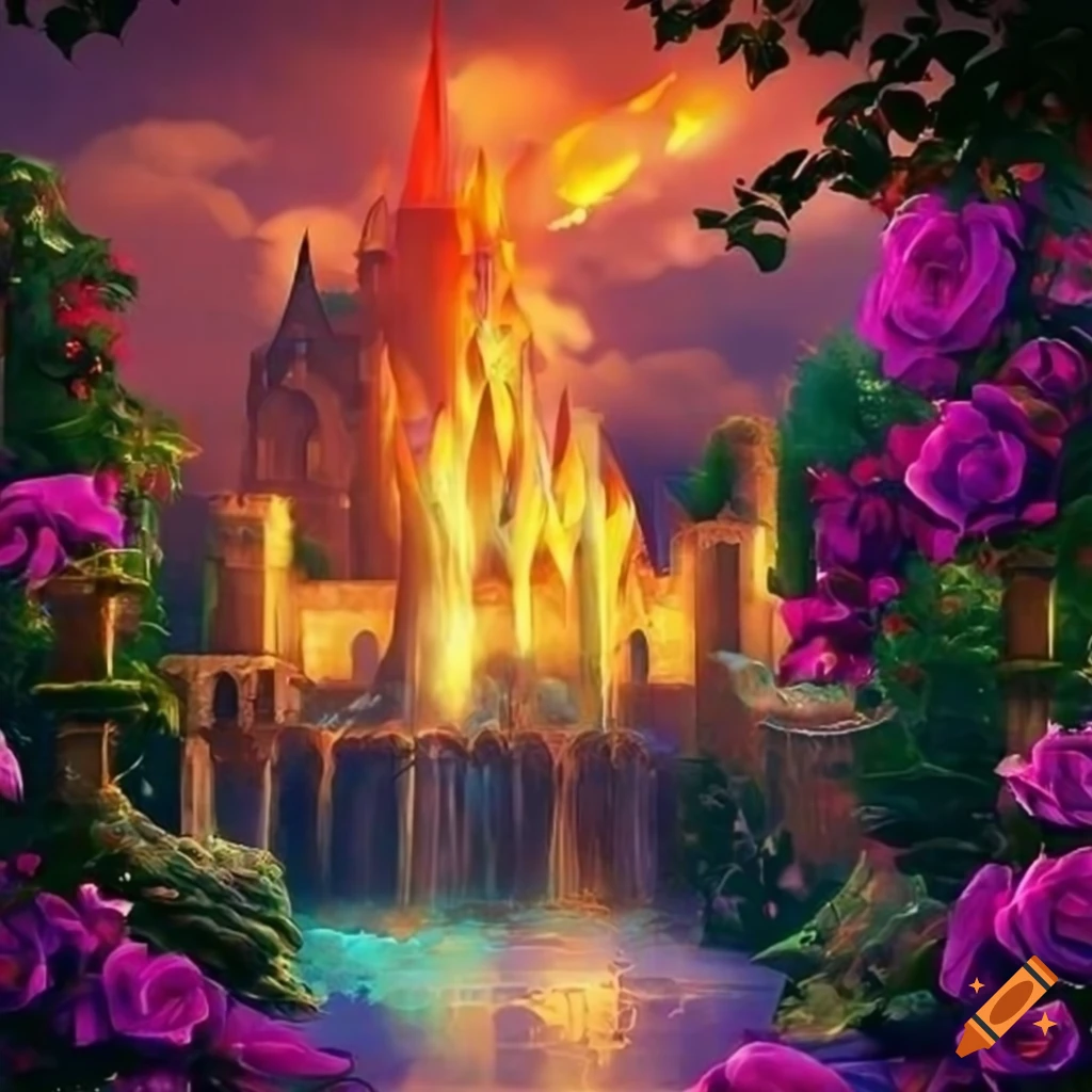 Fantasy world, castle, floral, flowers, roses, vines, water, hanging