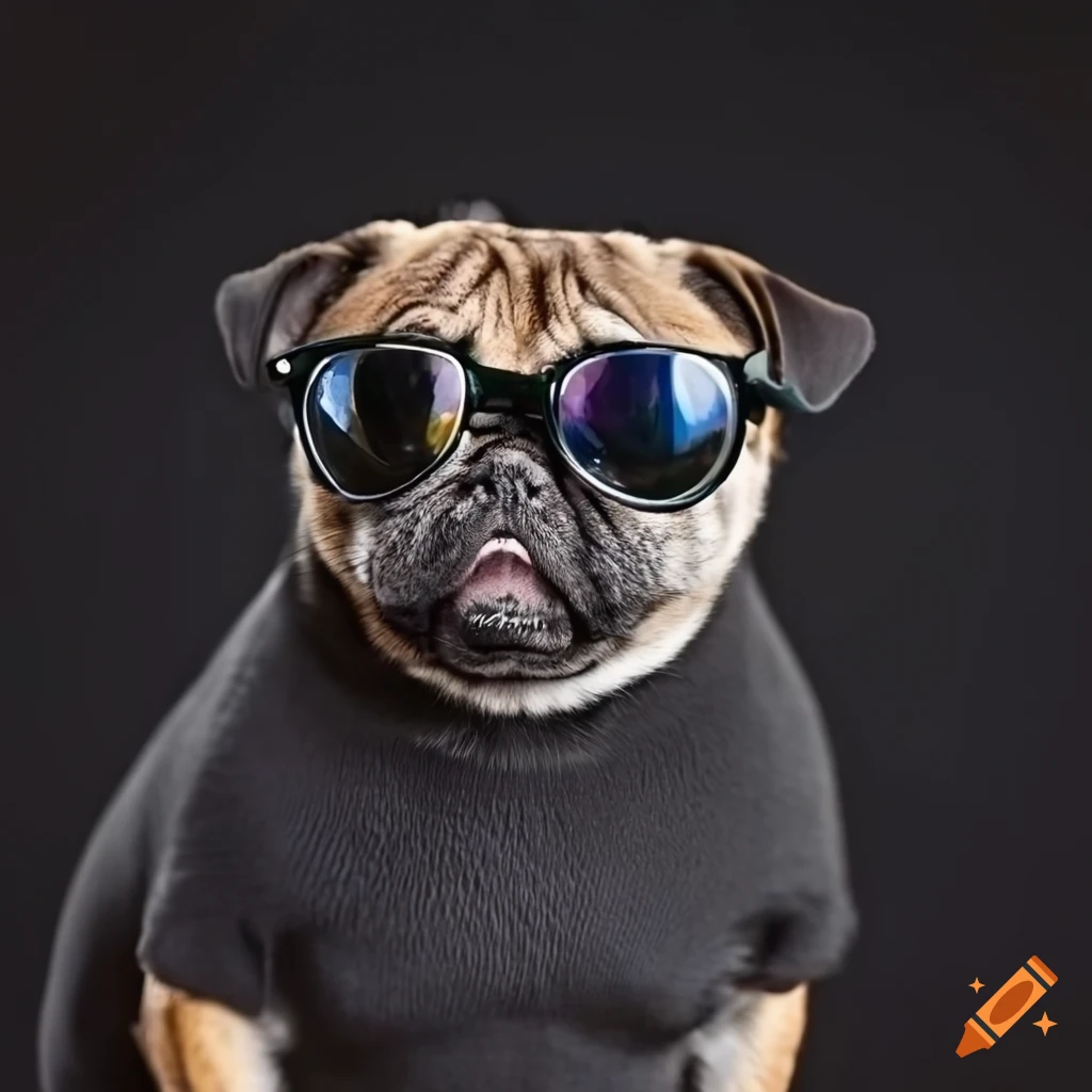 Cool pug wearing sunglasses and a black t-shirt on Craiyon