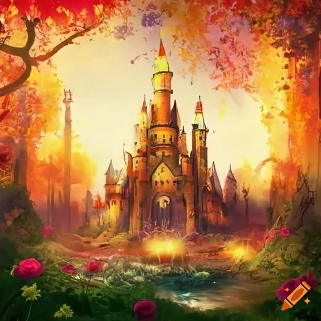 Fantasy world, castle, floral, flowers, roses, vines, water, hanging