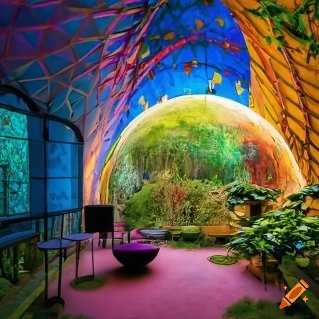 A colorful underground garden inside a luxury bunker with a big dome