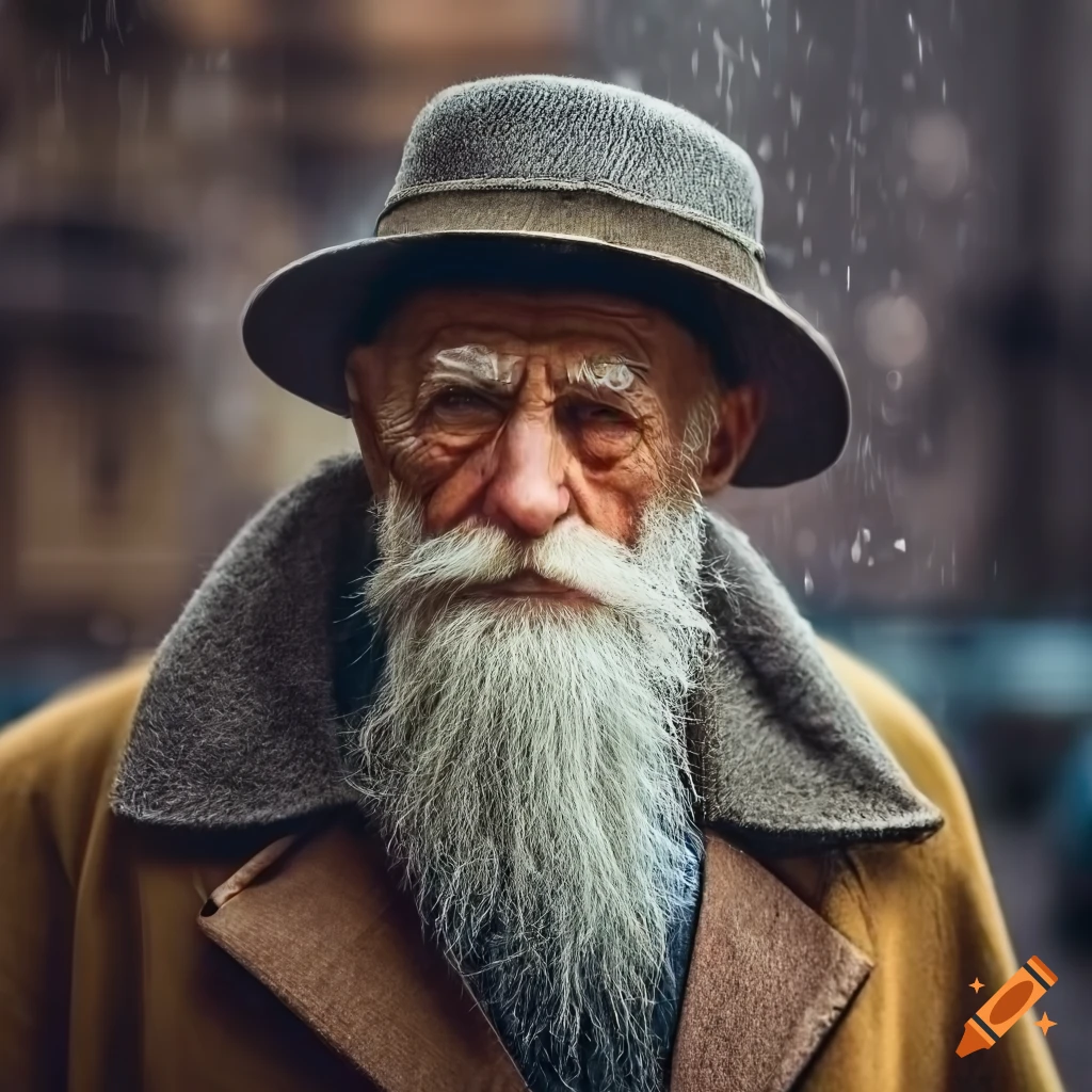 Old man with a long white beard wearing a coat and a hat, a rainy city  street in the background, style of hopper, high resolution, high detail on  Craiyon