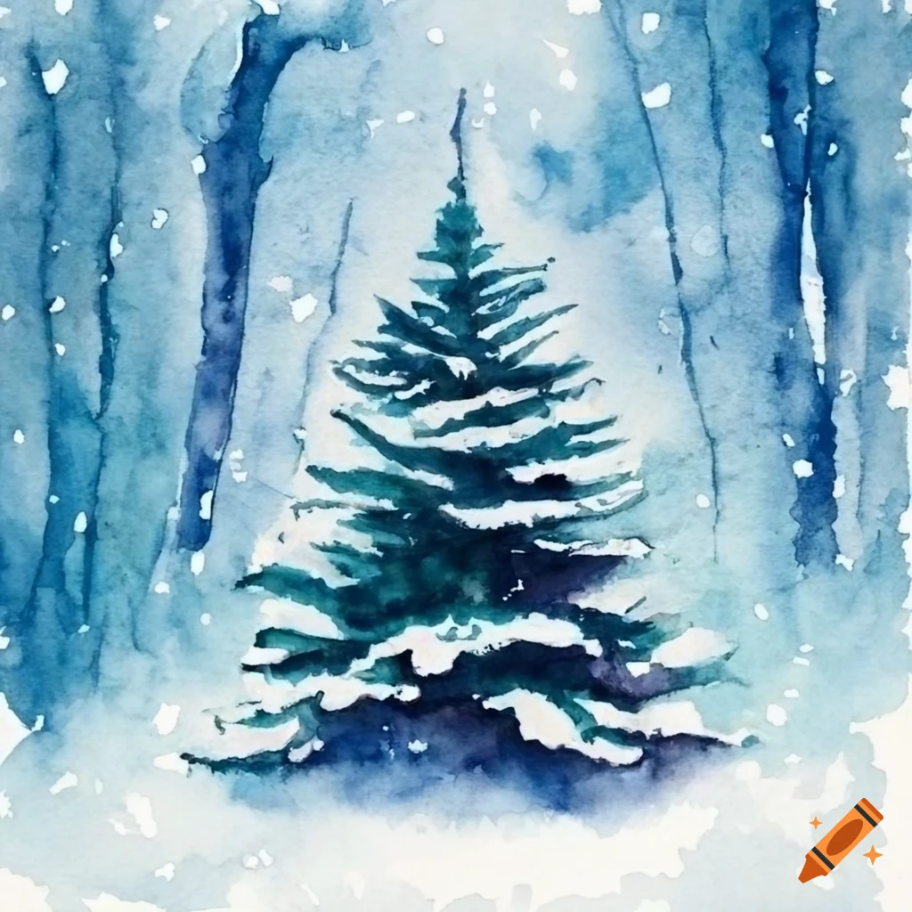 Watercolor painting of a fir tree in snowfall