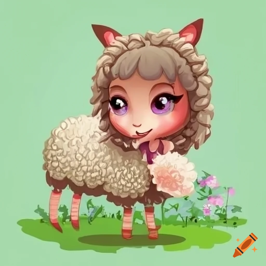 A cute anthropomorphic sheep girl in a beautiful garden