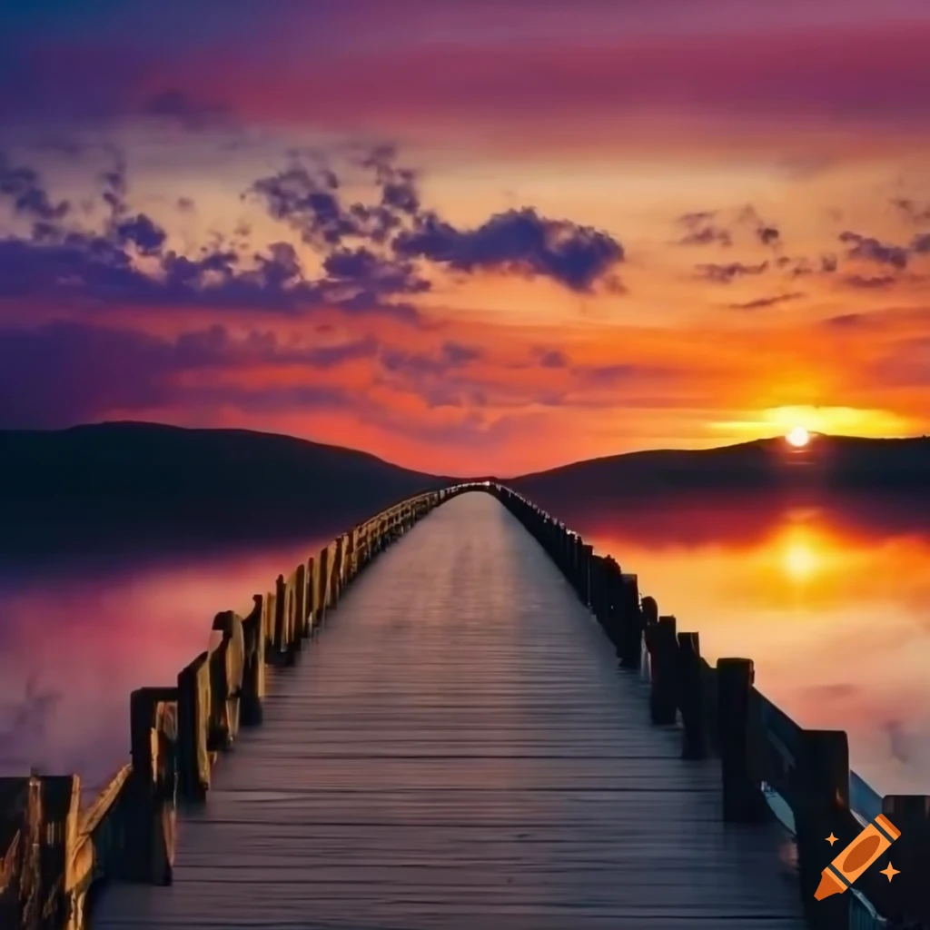 A wooden bridge extending into the clouds with the sun setting ...