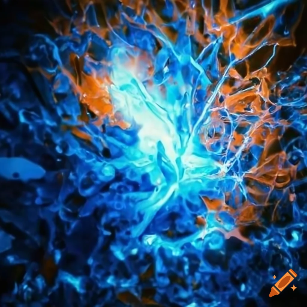 A close up of an orange crystal with blue and white lightning inside on